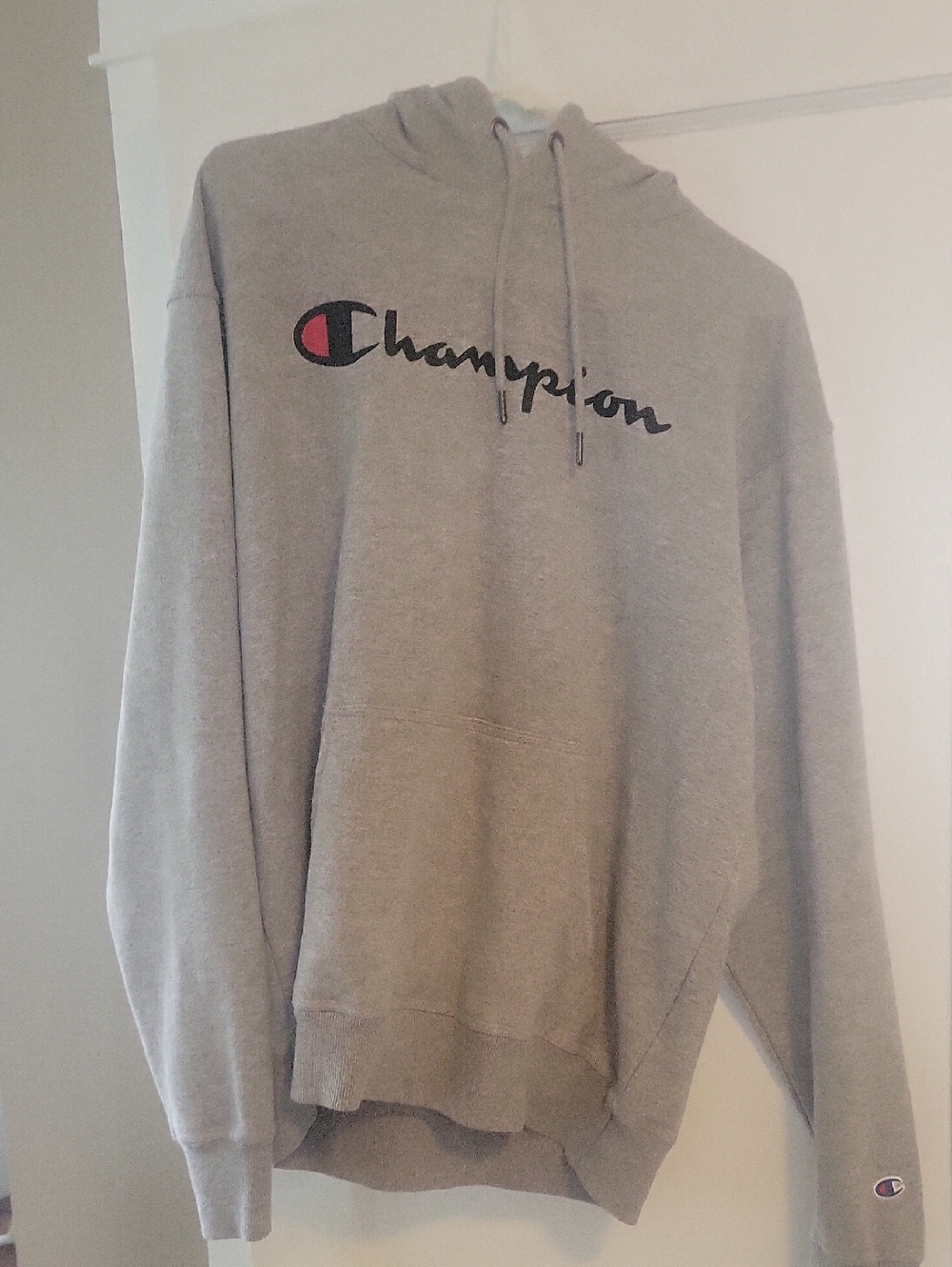 Champion Gray Hoodie with Script Logo and Red Emblem